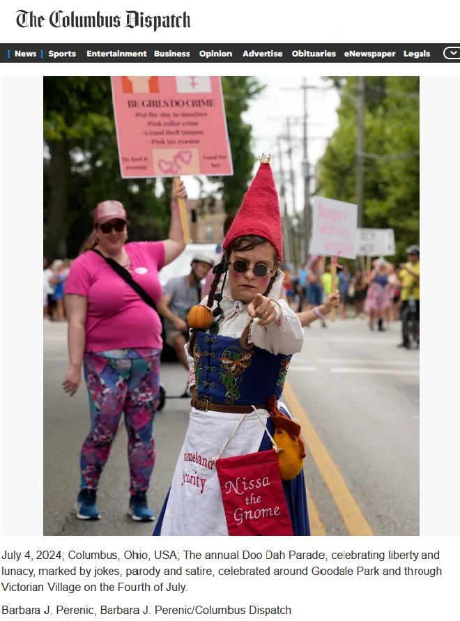 Nissa the Gnome as Gnomeland Security Nissa on the front page of the Columbus Dispatch newspaper website