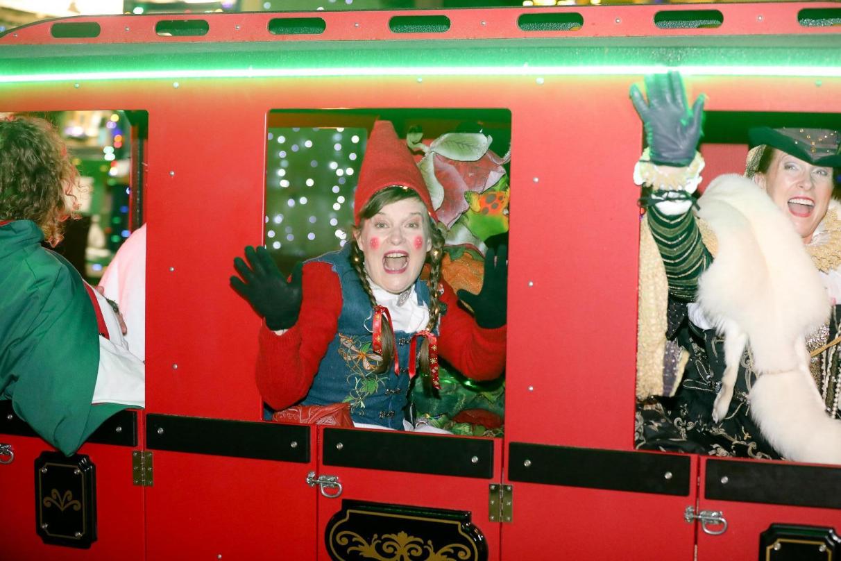 Nissa the Christmas Gnome riding a train