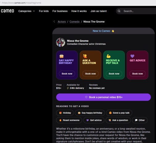 Nissa the Gnome Cameo interface to buy personalized videos